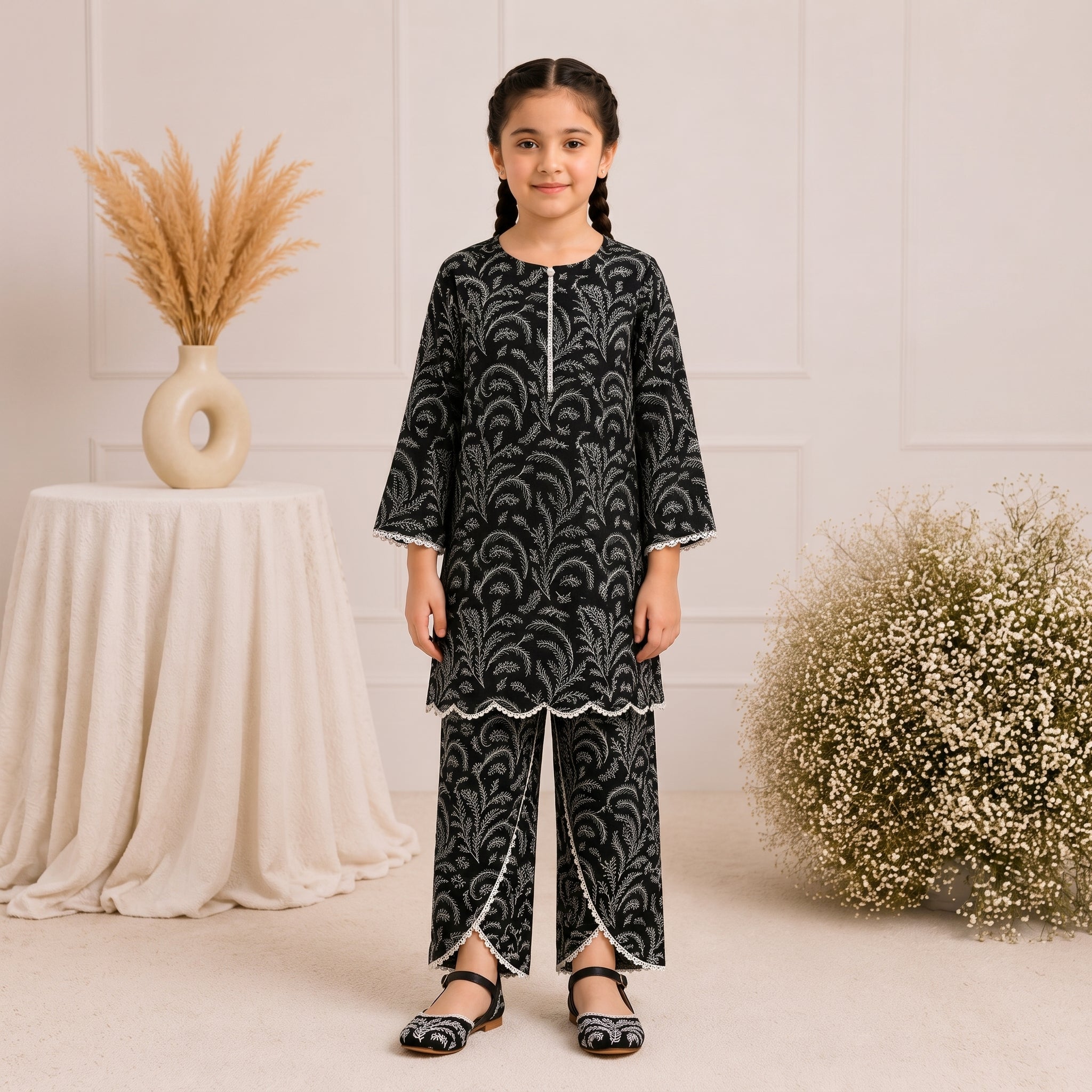 GIRLS BLACK BOTANICAL LAWN CO-ORD SET