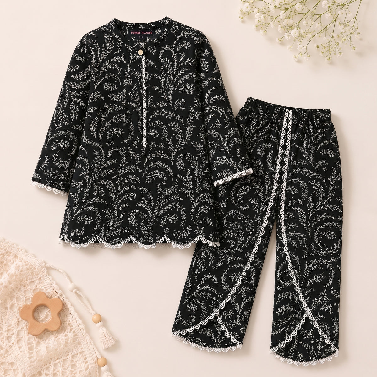 GIRLS BLACK BOTANICAL LAWN CO-ORD SET