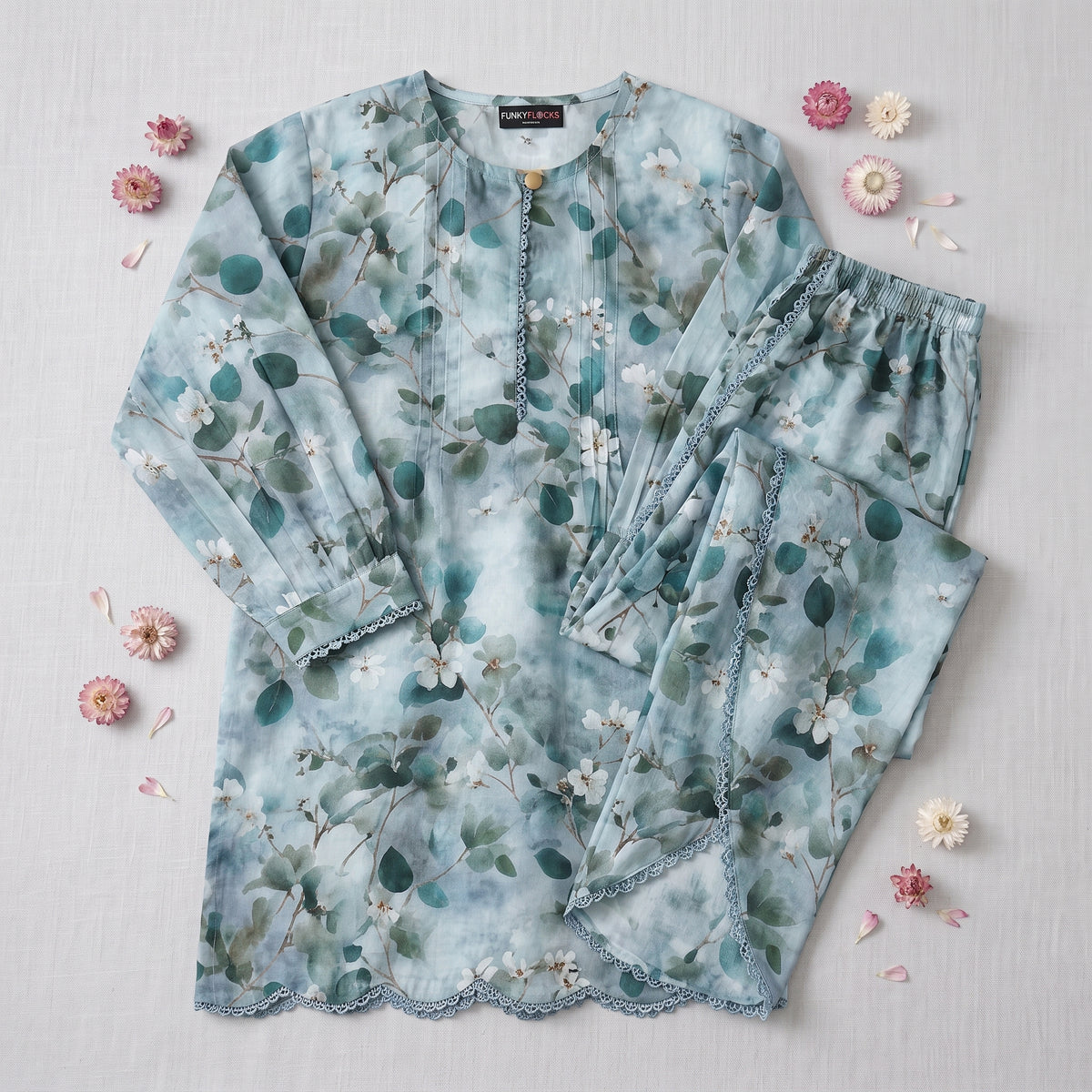 GIRLS AQUA FLORAL LAWN CO-ORD SET