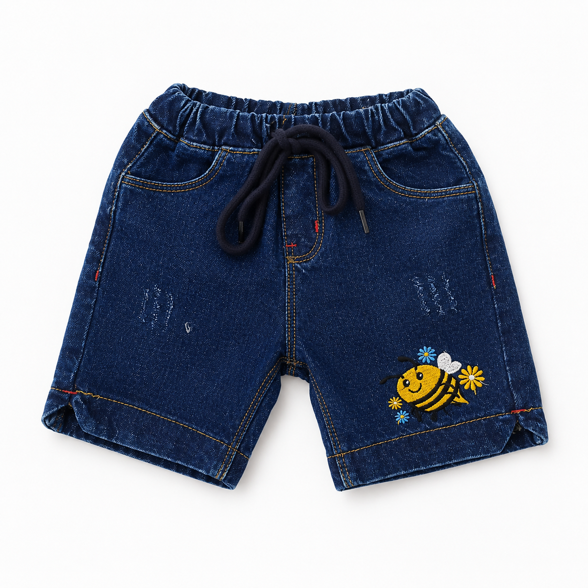 Dark Blue Denim Shorts with Cute Bee Embroidery