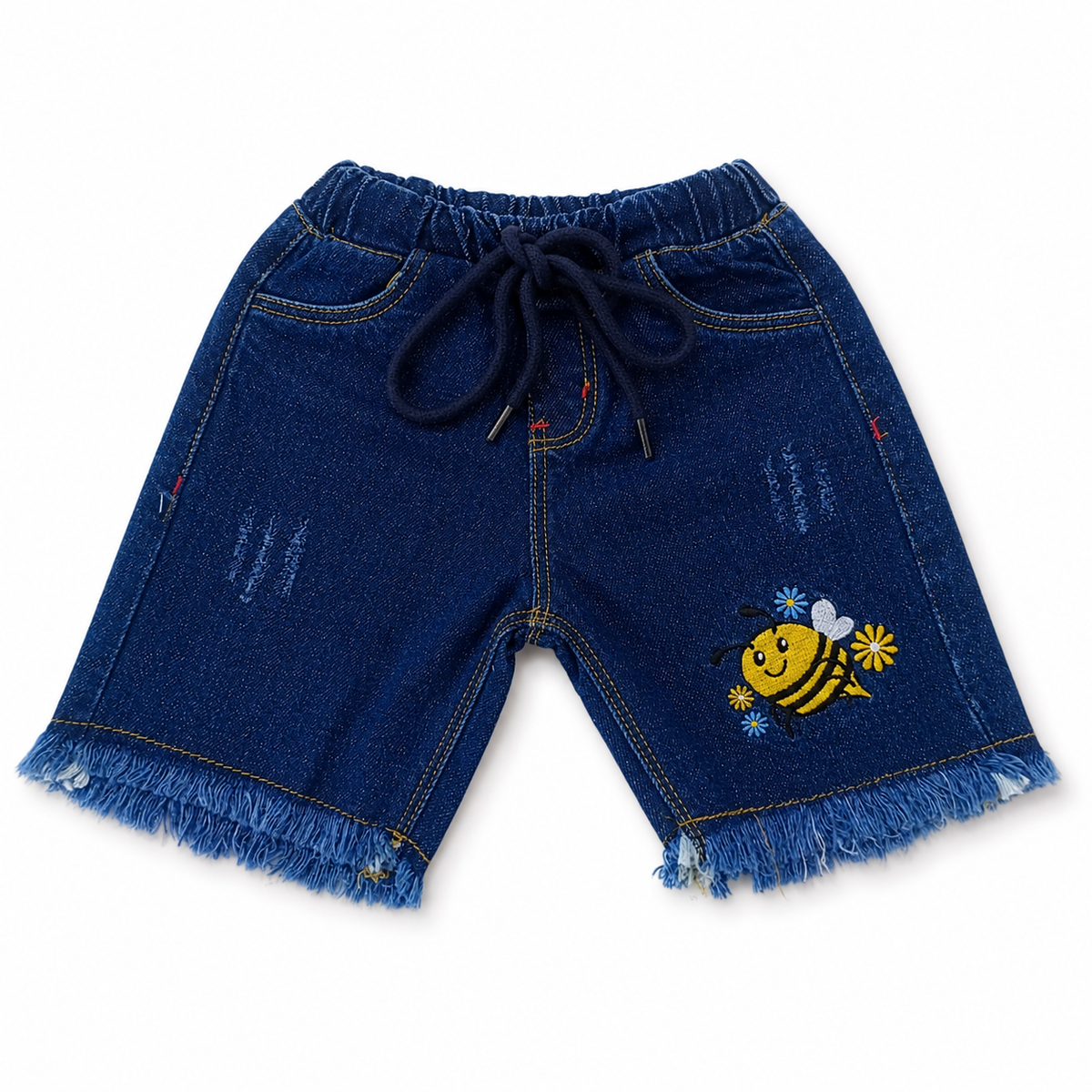 Dark Blue Denim Shorts with Cute Bee Embroidery