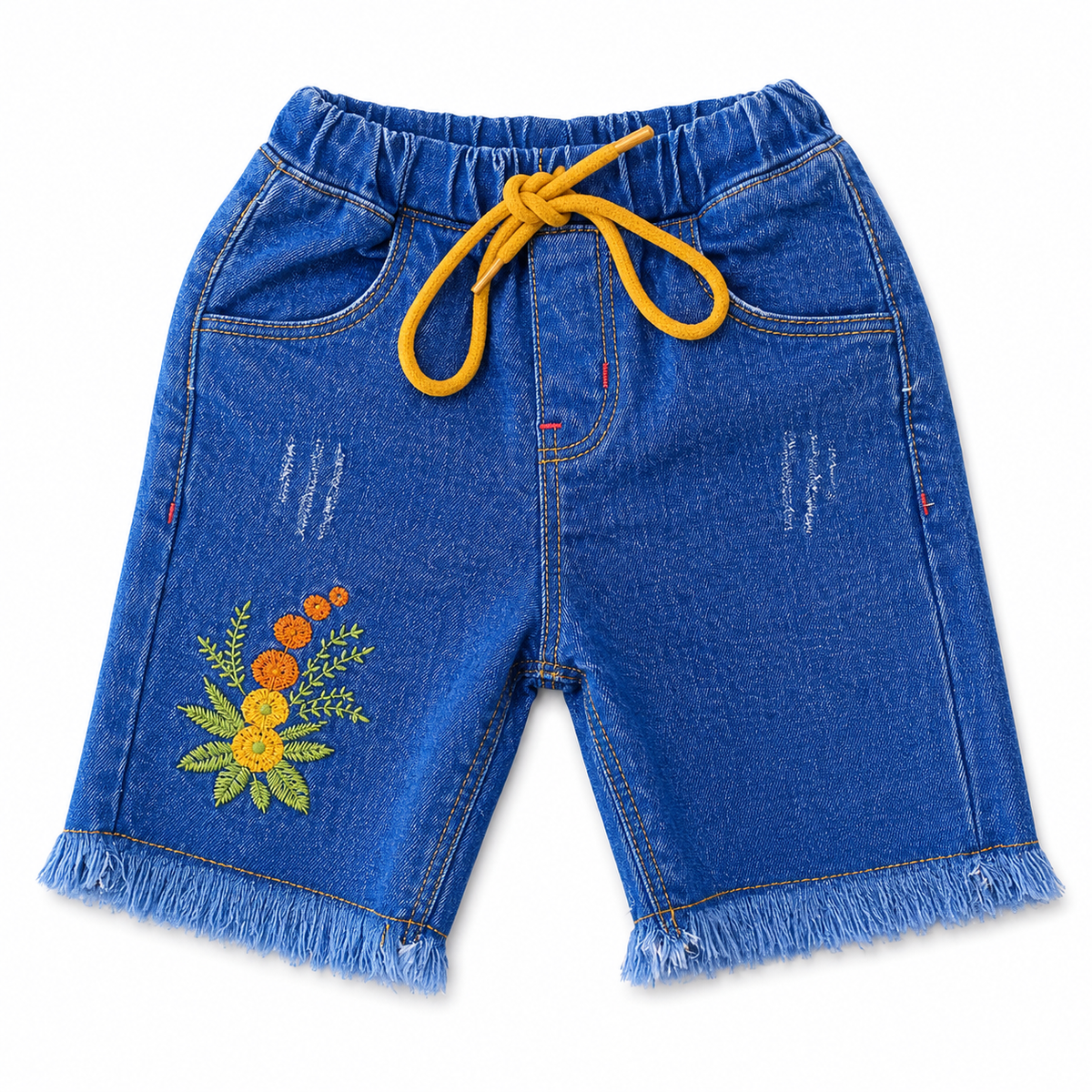 Girls Light Blue Floral Embroidered Denim Shorts