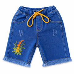 Girls Light Blue Floral Embroidered Denim Shorts