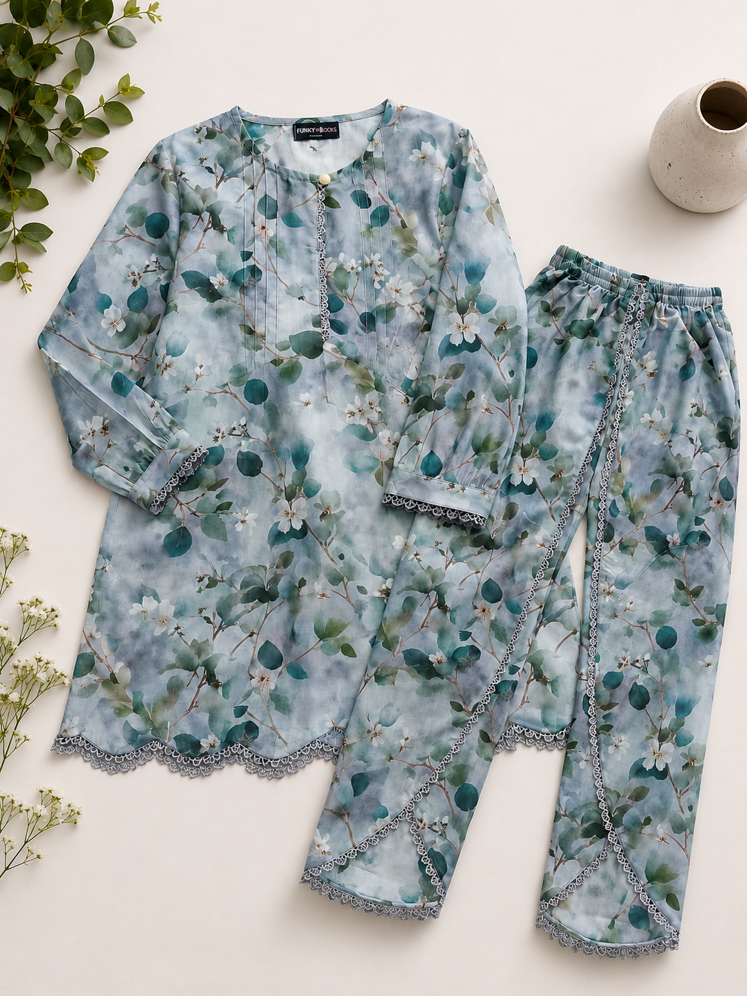 GIRLS AQUA FLORAL LAWN CO-ORD SET