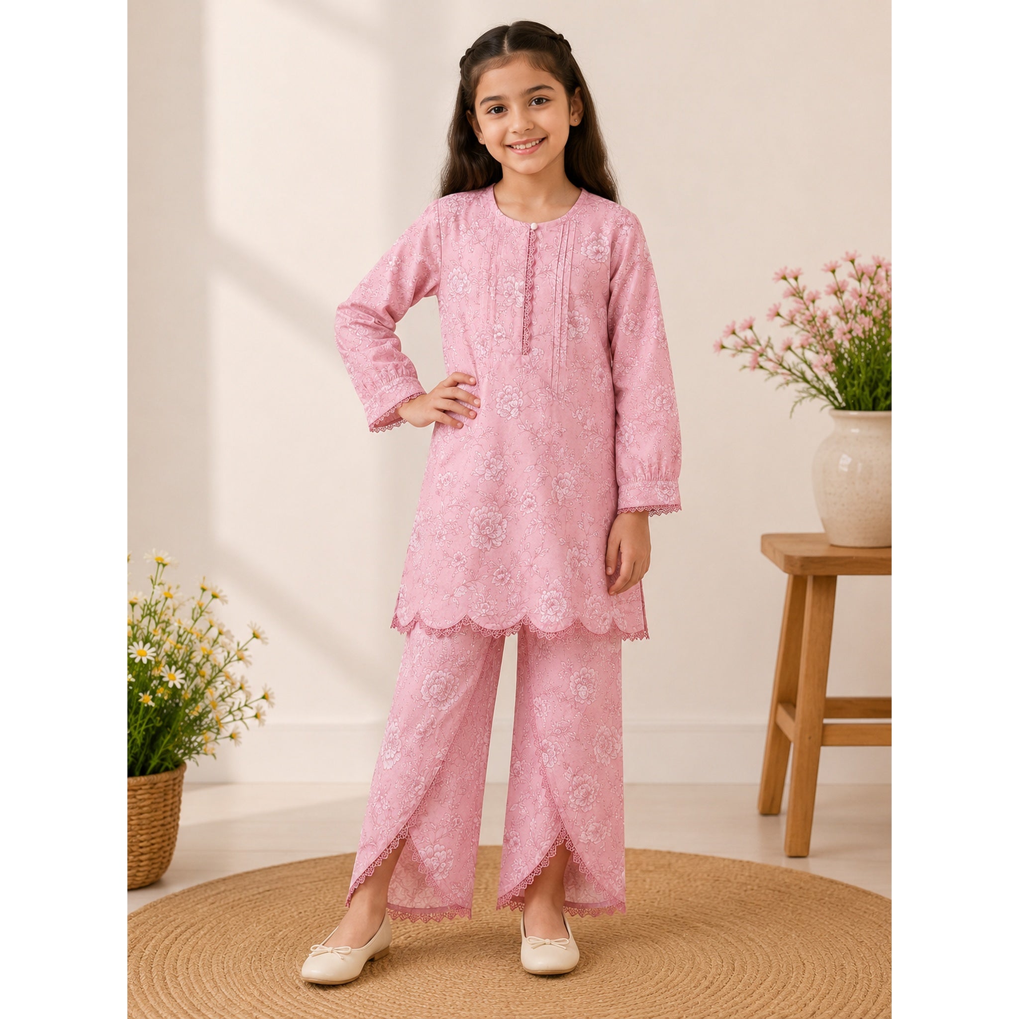 GIRLS PINK FLORAL LAWN CO-ORD SET