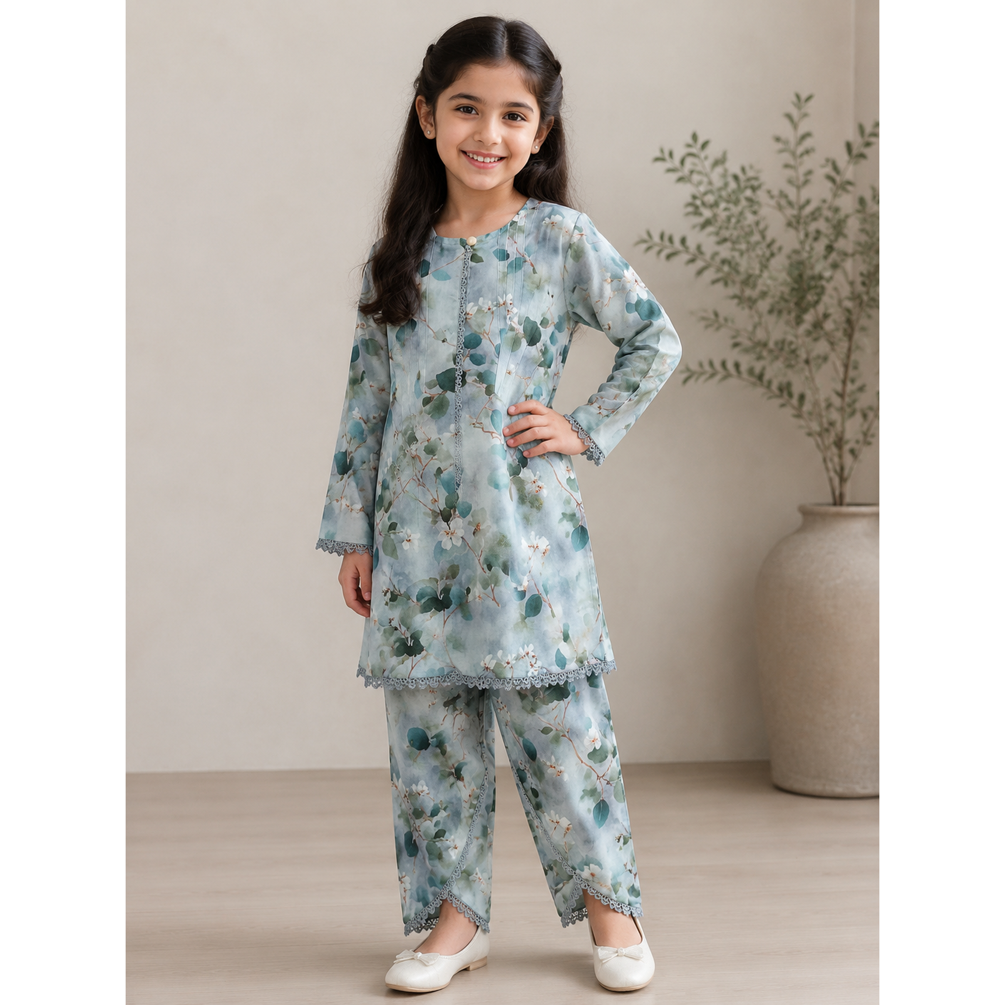 GIRLS AQUA FLORAL LAWN CO-ORD SET