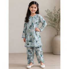 GIRLS AQUA FLORAL LAWN CO-ORD SET